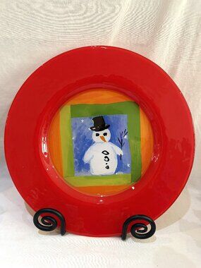 Dibbern Germany 1990s Glass Snowman Christmas 13 inch Charger Plate Platter